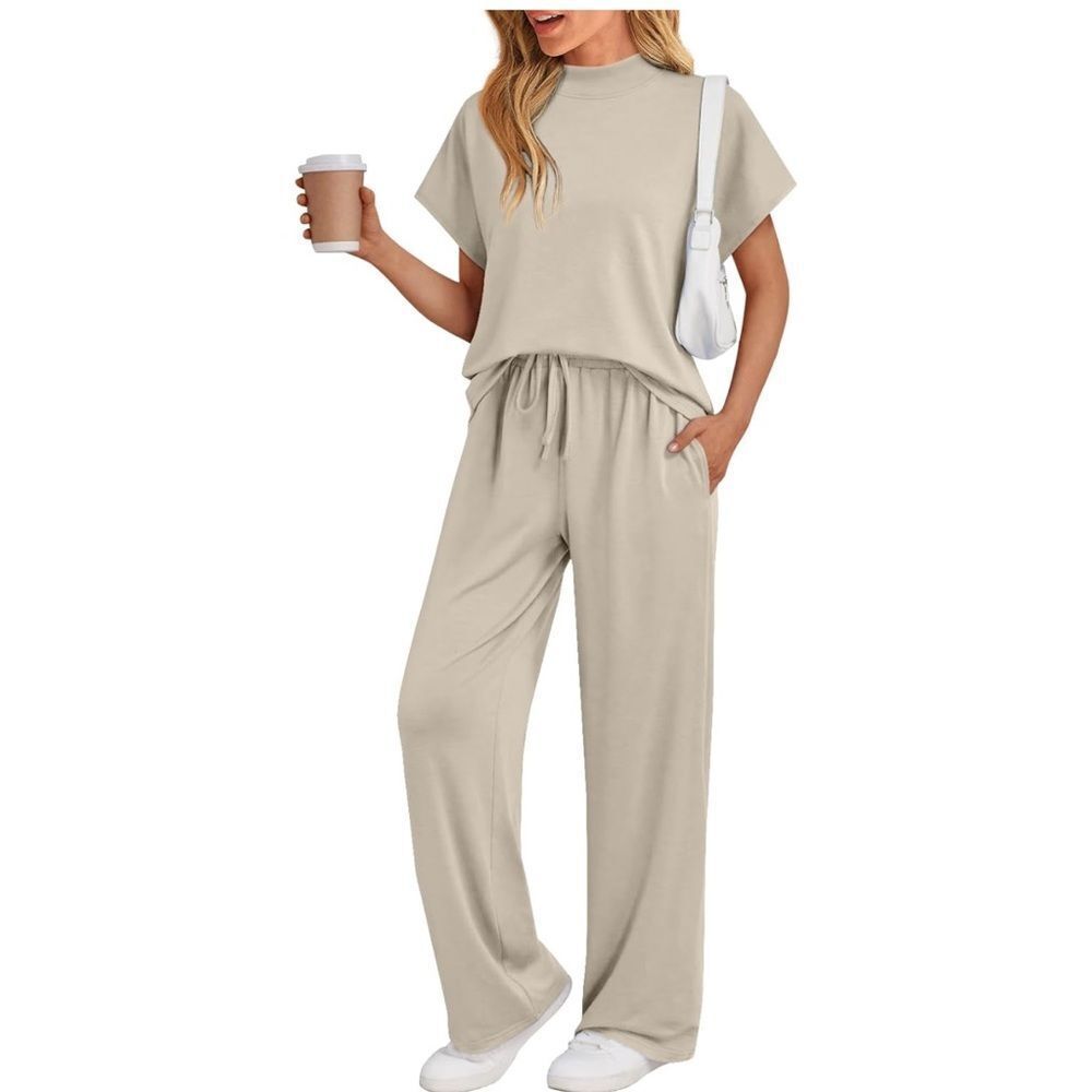 Women's Mock Neck 2 Piece Lounge Set Matching Summer Loose Fit Wide Leg Pants
